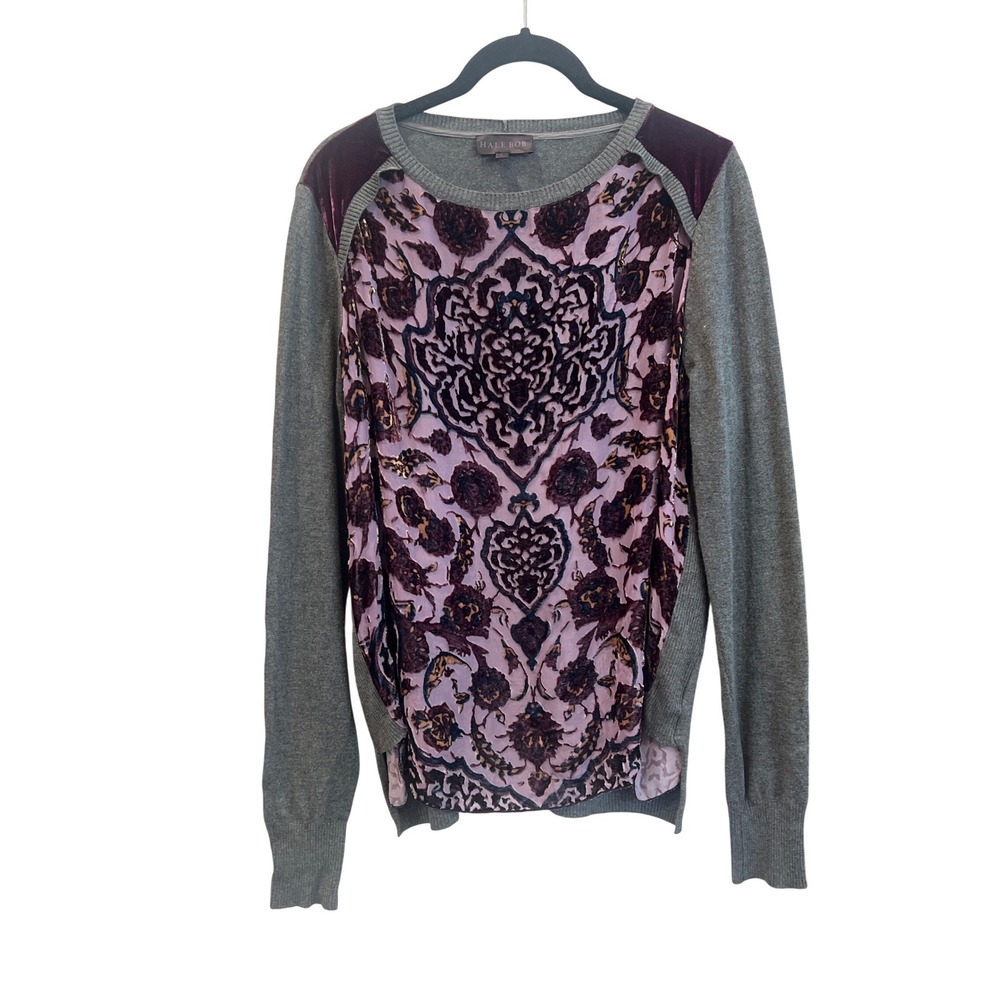 Hale Bob Women's Gray Velvet Burnout Print Crew Neck Sweater‎ Size L